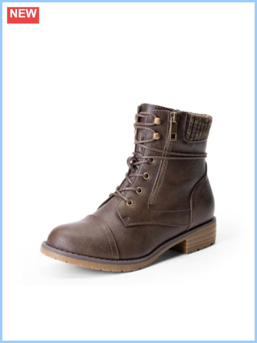 Lace Up Combat Boots Ankle Booties Faux Leather Stacked Heel Knit Cuff